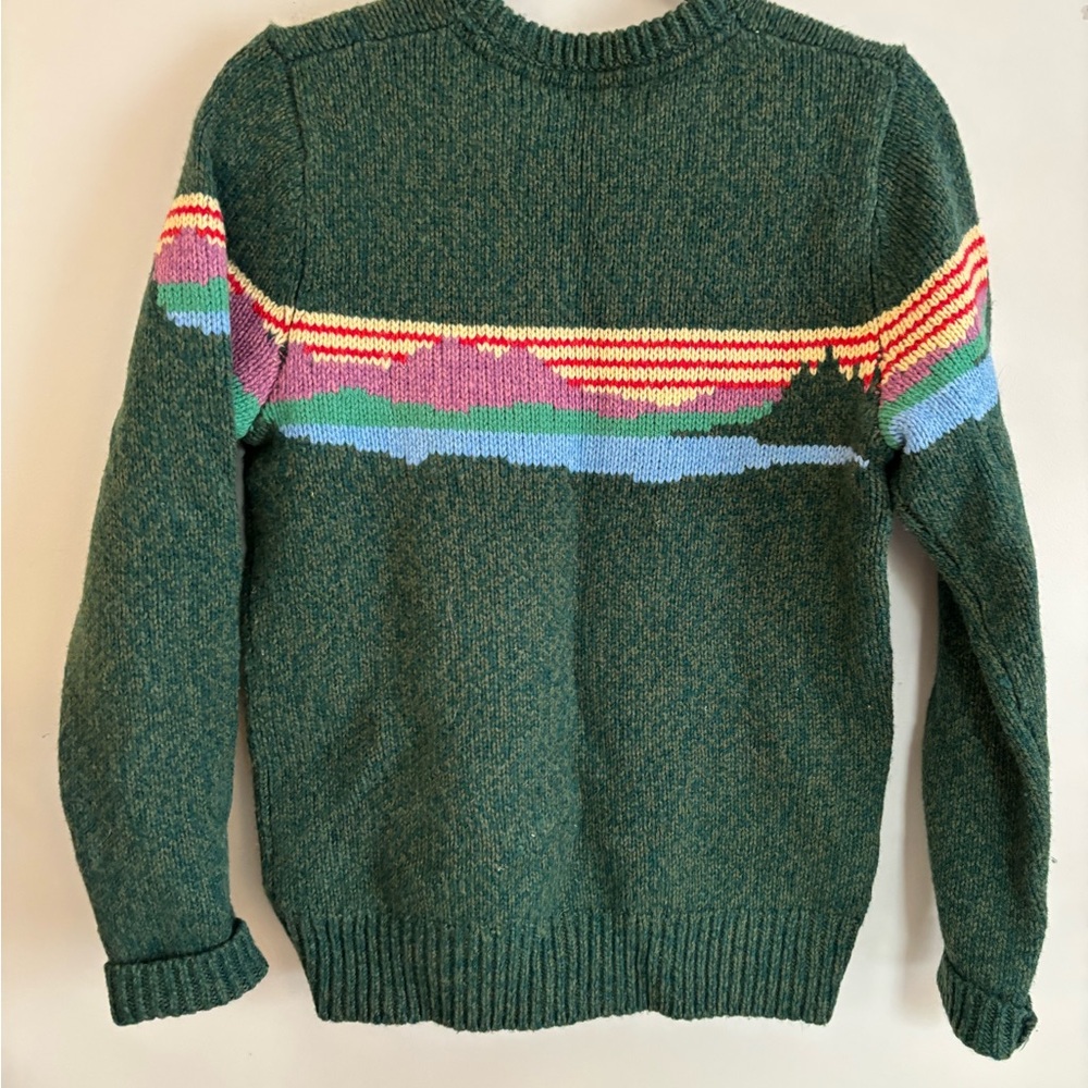 L.L.Bean Forest Green Lamb’s Wool Crewneck Sweater with Multicolor Scenic Stripe - Picture 2 of 6
